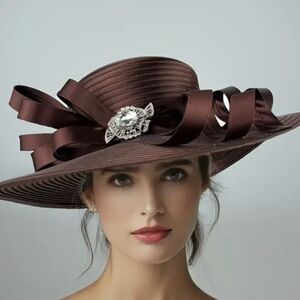 Elegant Brown Wide-Brim Women’s Dress Hat with Ribbon and Brooch